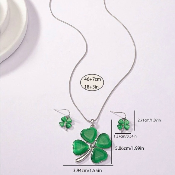 1pc Clover Pendant Necklace And 1 pair Earrings Set With Green Cat's Eye Stone - Picture 4 of 4